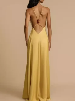 Deep V Neck Backless Satin Maxi Dress For Women - Yellow Boho Wood Beaded Evening Gown - Summer Beach Wedding Guest 2026