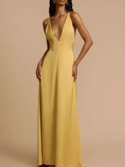 Deep V Neck Backless Satin Maxi Dress For Women - Yellow Boho Wood Beaded Evening Gown - Summer Beach Wedding Guest 2026