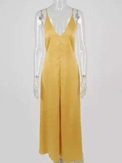 Deep V Neck Backless Satin Maxi Dress For Women - Yellow Boho Wood Beaded Evening Gown - Summer Beach Wedding Guest 2026