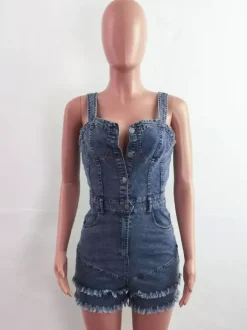 Deep V Neck Denim Romper For Women - Medium Blue Sexy Bodycon Frayed Hem Shorts Jumpsuit - Summer Music Festival Party 2026