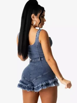 Deep V Neck Denim Romper For Women - Medium Blue Sexy Bodycon Frayed Hem Shorts Jumpsuit - Summer Music Festival Party 2026