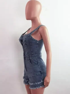 Deep V Neck Denim Romper For Women - Medium Blue Sexy Bodycon Frayed Hem Shorts Jumpsuit - Summer Music Festival Party 2026