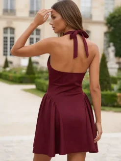 Deep V-Neck Halter Backless High Waist A-Line Sexy Party Mini Dress For Women 2026