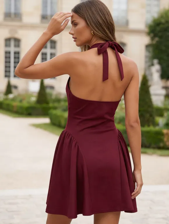 Deep V-Neck Halter Backless High Waist A-Line Sexy Party Mini Dress For Women 2026