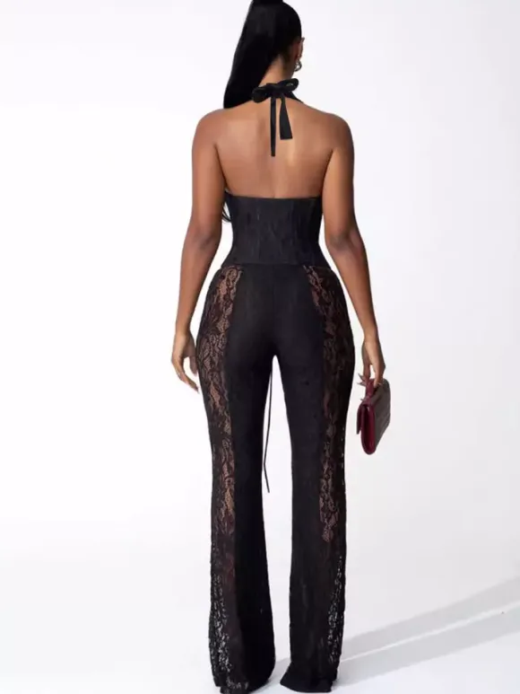 Deep V Neck Halter Lace Up Corset Lace Patchwork Jumpsuit For Women 2026