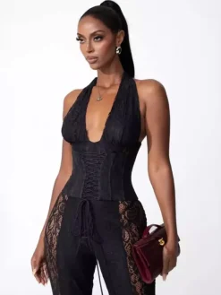 Deep V Neck Halter Lace Up Corset Lace Patchwork Jumpsuit For Women 2026