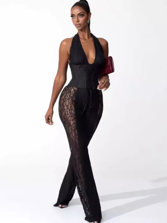 Deep V Neck Halter Lace Up Corset Lace Patchwork Jumpsuit For Women 2026