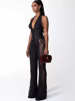 Deep V Neck Halter Lace Up Corset Lace Patchwork Jumpsuit For Women 2026