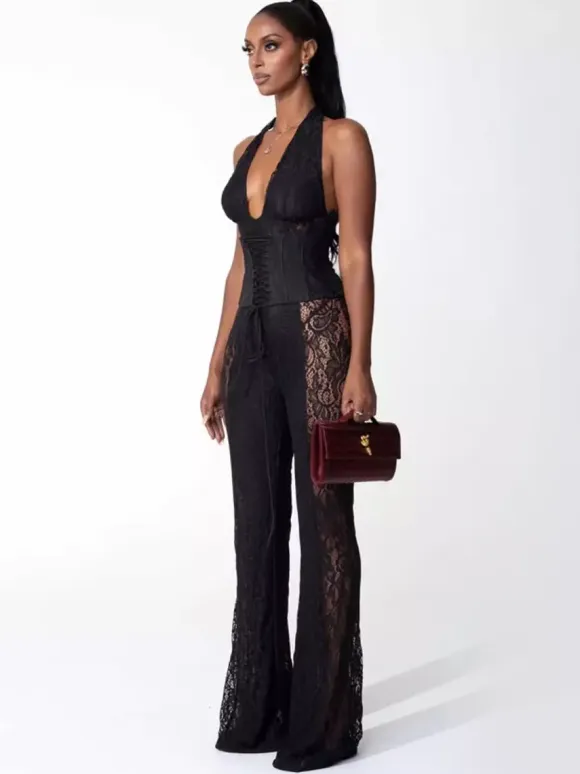Deep V Neck Halter Lace Up Corset Lace Patchwork Jumpsuit For Women 2026