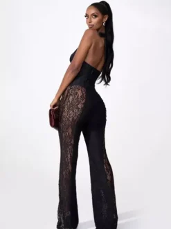 Deep V Neck Halter Lace Up Corset Lace Patchwork Jumpsuit For Women 2026