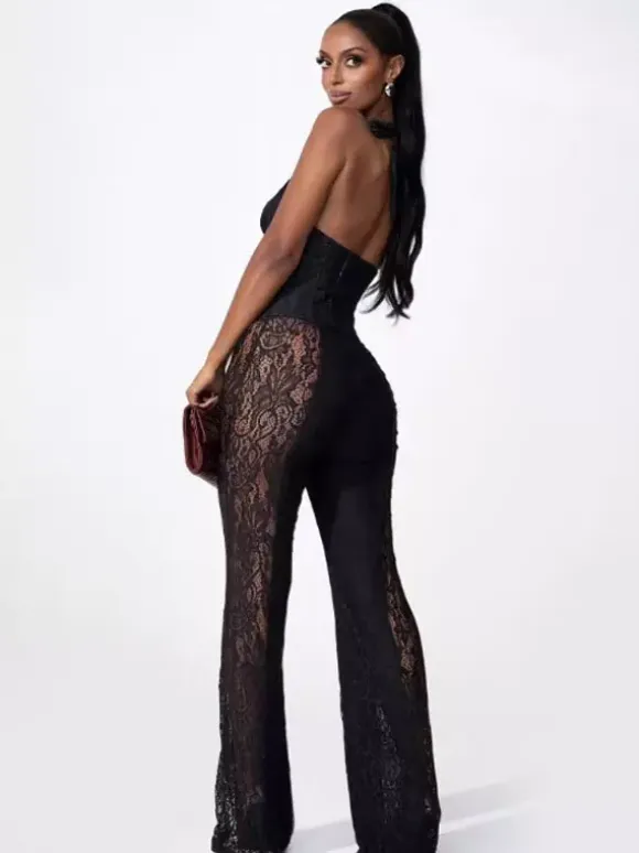 Deep V Neck Halter Lace Up Corset Lace Patchwork Jumpsuit For Women 2026