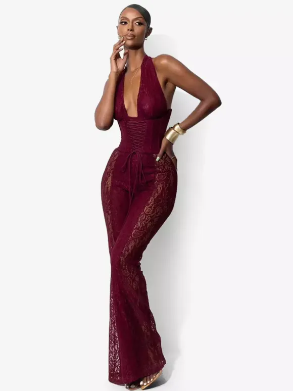 Deep V Neck Halter Lace Up Corset Lace Patchwork Jumpsuit For Women 2026