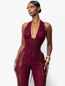 Deep V Neck Halter Lace Up Corset Lace Patchwork Jumpsuit For Women 2026