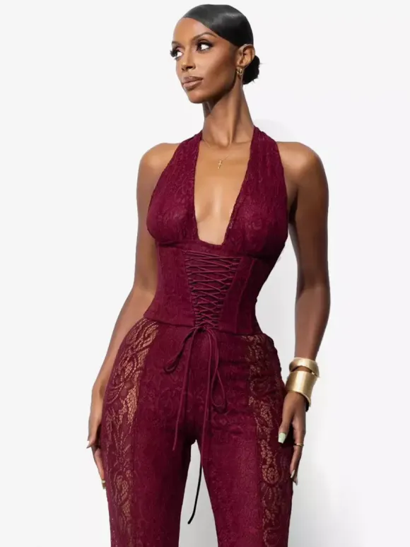 Deep V Neck Halter Lace Up Corset Lace Patchwork Jumpsuit For Women 2026