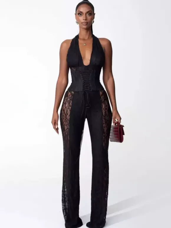Deep V Neck Halter Lace Up Corset Lace Patchwork Jumpsuit For Women 2026