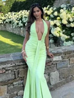 Deep V Neck Halter Ruched Bodycon Floor Length Mermaid Gown For Women 2026