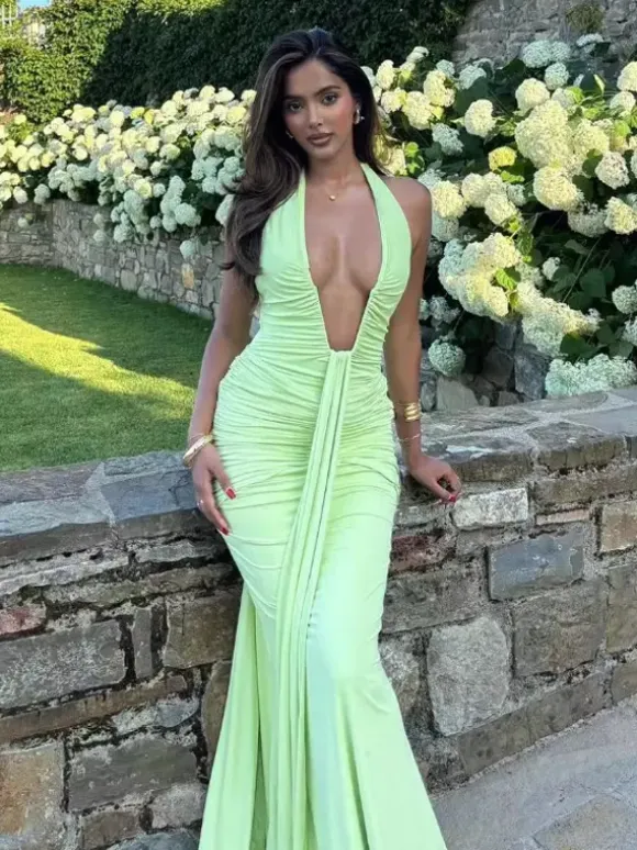 Deep V Neck Halter Ruched Bodycon Floor Length Mermaid Gown For Women 2026