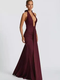 Deep V Neck Halter Ruched Bodycon Floor Length Mermaid Gown For Women 2026