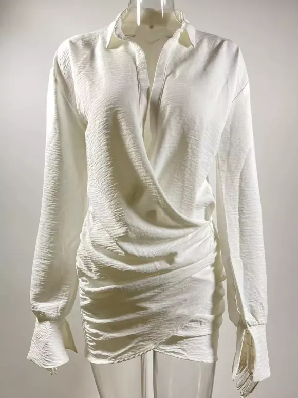 Deep V Neck Long Sleeve Mini Shirt Dress For Women 2026