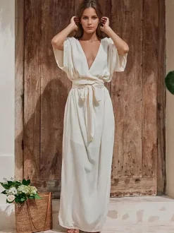 Deep V Neck Maxi Dress for Women - Boho Kimono Half Sleeve Belted Side Slit Kaftan Dress - Summer Beach Vacation 2026