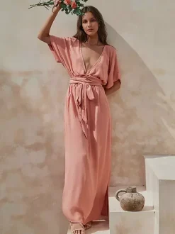 Deep V Neck Maxi Dress for Women - Boho Kimono Half Sleeve Belted Side Slit Kaftan Dress - Summer Beach Vacation 2026