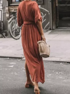 Deep V Neck Maxi Dress for Women - Boho Kimono Half Sleeve Belted Side Slit Kaftan Dress - Summer Beach Vacation 2026