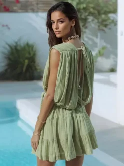 Deep V Neck Mini Dress for Women - Greek Boho Plisse Sleeveless Tiered Dress with Rope Belt - Summer Resort Wear 2026