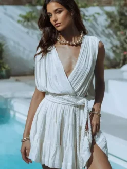 Deep V Neck Mini Dress for Women - Greek Boho Plisse Sleeveless Tiered Dress with Rope Belt - Summer Resort Wear 2026