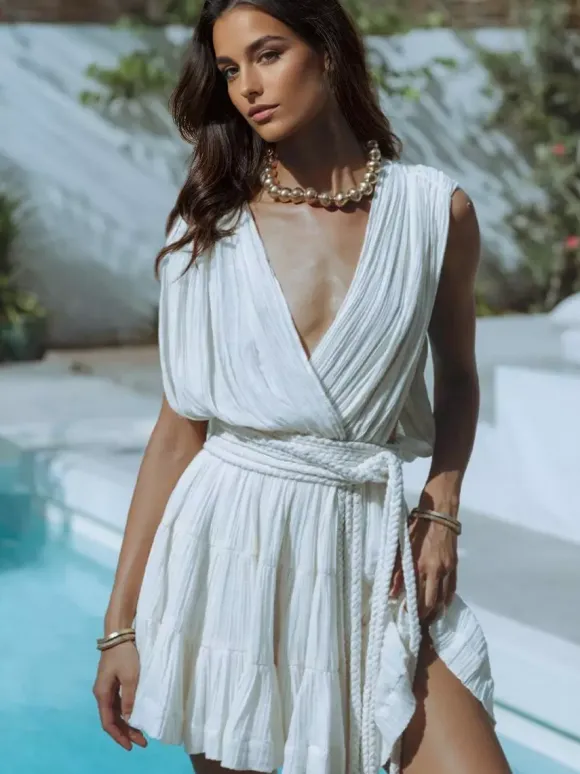 Deep V Neck Mini Dress for Women - Greek Boho Plisse Sleeveless Tiered Dress with Rope Belt - Summer Resort Wear 2026