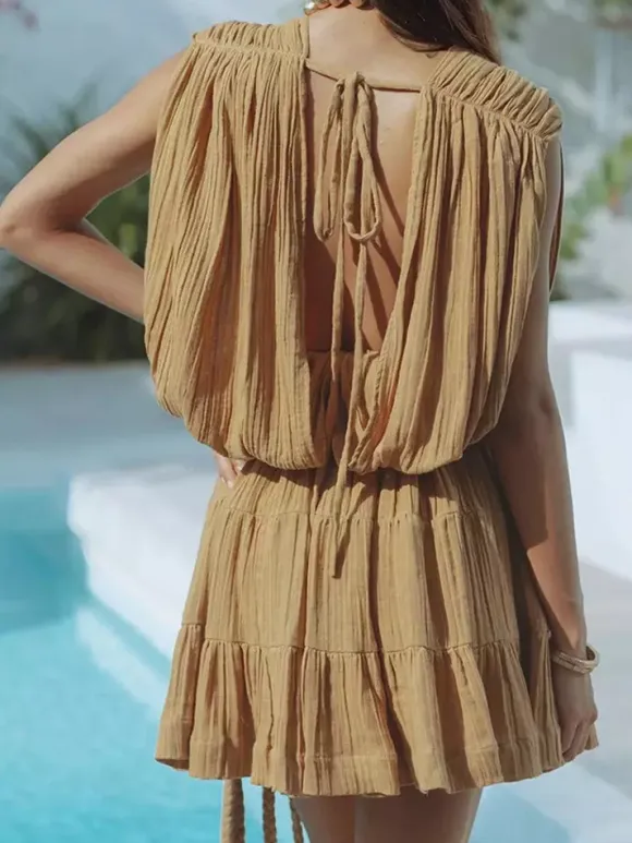 Deep V Neck Mini Dress for Women - Greek Boho Plisse Sleeveless Tiered Dress with Rope Belt - Summer Resort Wear 2026