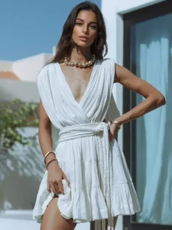 Deep V Neck Mini Dress for Women - Greek Boho Plisse Sleeveless Tiered Dress with Rope Belt - Summer Resort Wear 2026