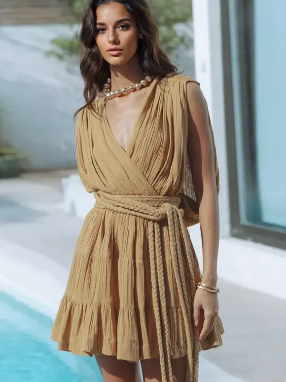Deep V Neck Mini Dress for Women - Greek Boho Plisse Sleeveless Tiered Dress with Rope Belt - Summer Resort Wear 2026
