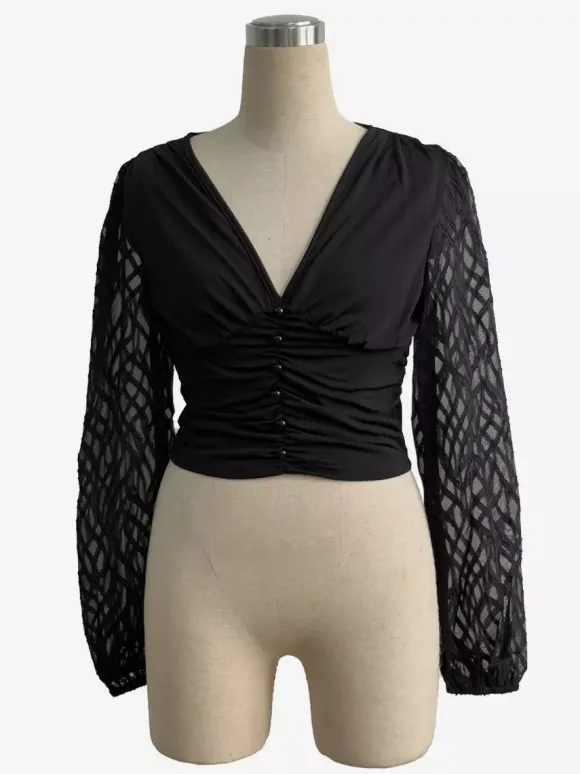 Deep V Neck Ruched Front Lantern Sleeve Slim Top For Women 2026