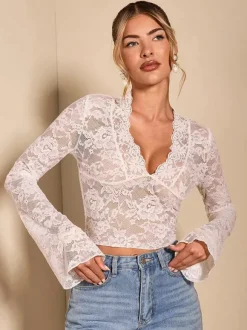 Deep V Neck Scalloped Floral Lace Sheer Crop Top For Women 2026