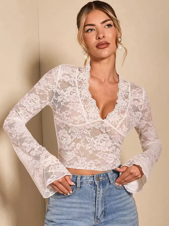 Deep V Neck Scalloped Floral Lace Sheer Crop Top For Women 2026