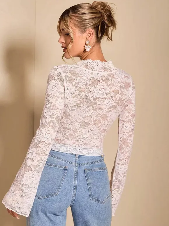 Deep V Neck Scalloped Floral Lace Sheer Crop Top For Women 2026