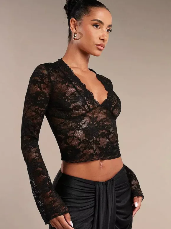 Deep V Neck Scalloped Floral Lace Sheer Crop Top For Women 2026
