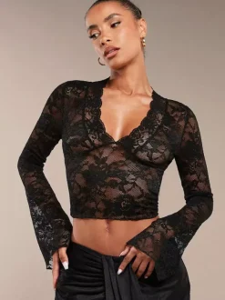 Deep V Neck Scalloped Floral Lace Sheer Crop Top For Women 2026