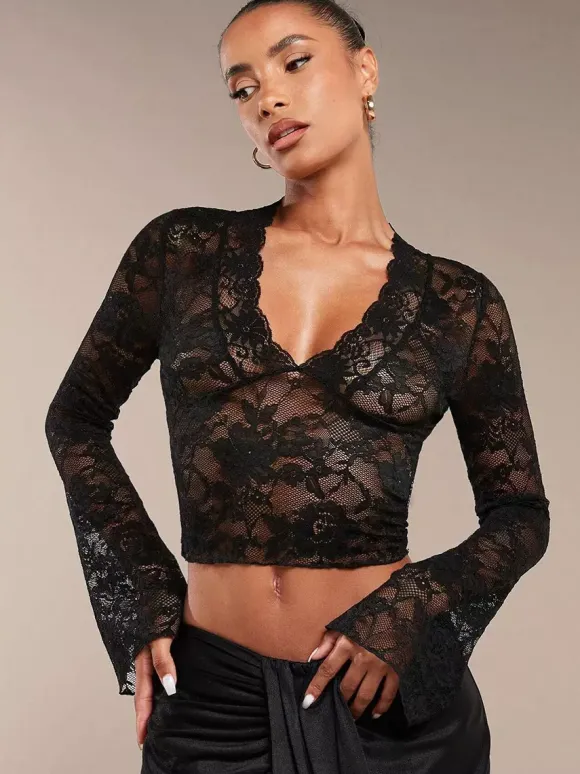 Deep V Neck Scalloped Floral Lace Sheer Crop Top For Women 2026