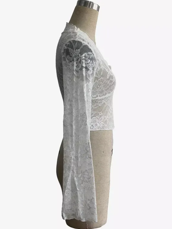 Deep V Neck Scalloped Floral Lace Sheer Crop Top For Women 2026