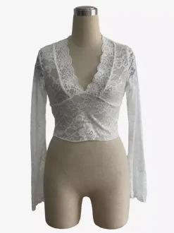 Deep V Neck Scalloped Floral Lace Sheer Crop Top For Women 2026