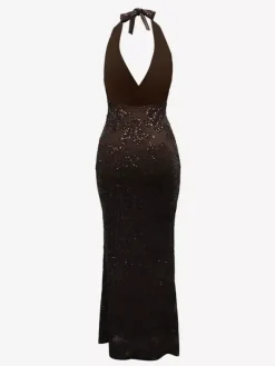Deep V Neck Sequin Floral Halter Backless Bodycon Maxi Dress For Women 2026