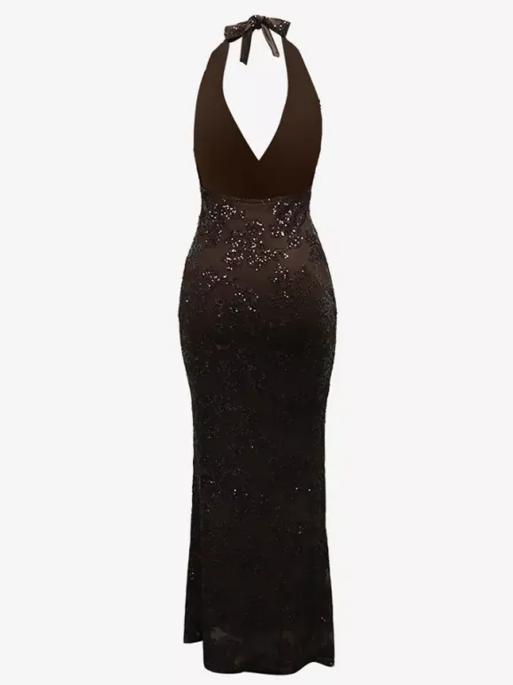 Deep V Neck Sequin Floral Halter Backless Bodycon Maxi Dress For Women 2026