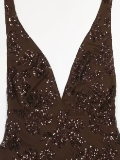 Deep V Neck Sequin Floral Halter Backless Bodycon Maxi Dress For Women 2026