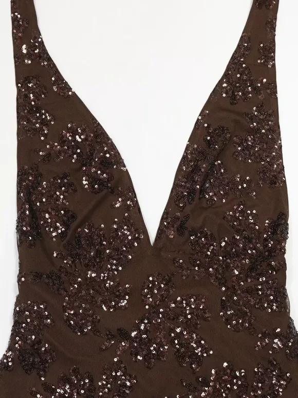 Deep V Neck Sequin Floral Halter Backless Bodycon Maxi Dress For Women 2026