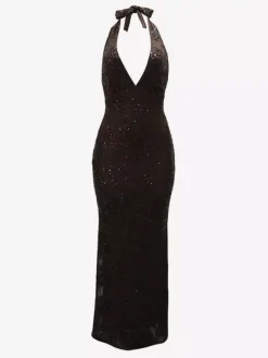 Deep V Neck Sequin Floral Halter Backless Bodycon Maxi Dress For Women 2026