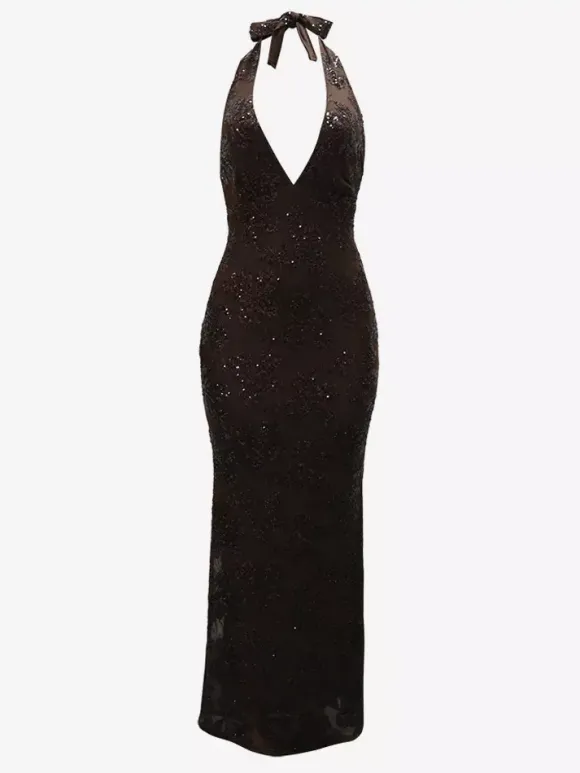 Deep V Neck Sequin Floral Halter Backless Bodycon Maxi Dress For Women 2026