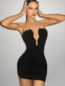 Deep V-neck Strapless Ruched Bodycon Sexy Mini Dress For Women 2026