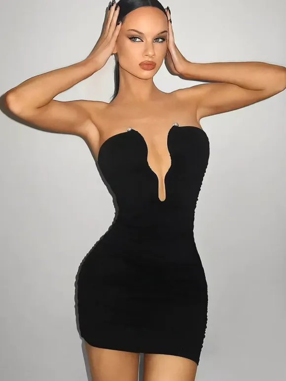 Deep V-neck Strapless Ruched Bodycon Sexy Mini Dress For Women 2026