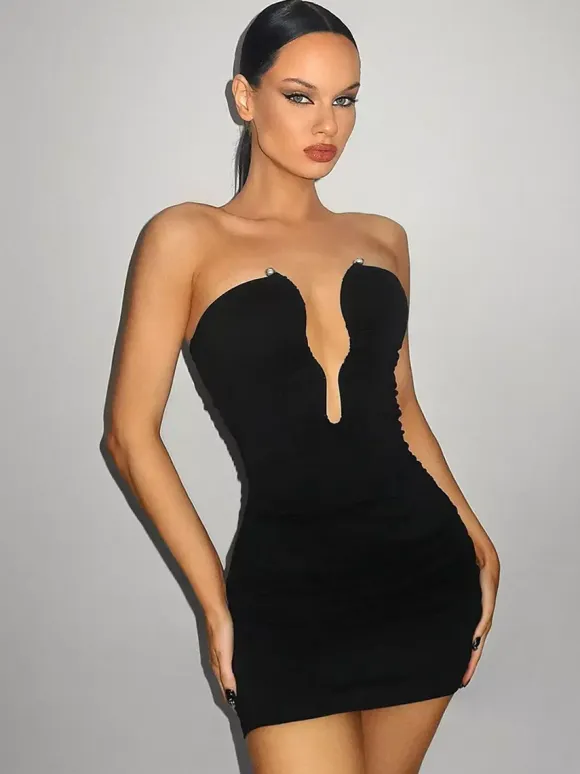 Deep V-neck Strapless Ruched Bodycon Sexy Mini Dress For Women 2026